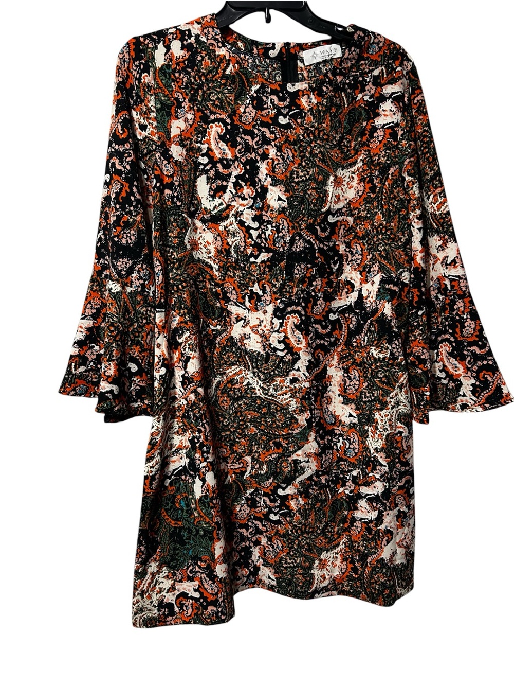 Wayf Paisley Long Sleeve Bell-Sleeve Dress in Black, Orange and White
